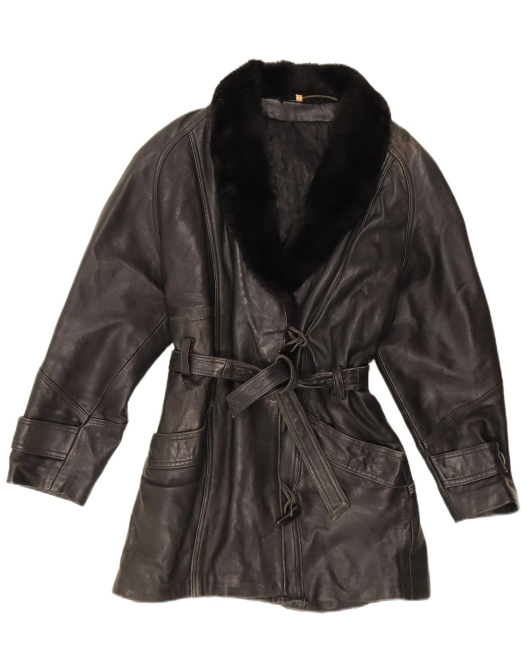 Veste en cuir surdimensionnée femme vintage UK 10 Petit cuir noir