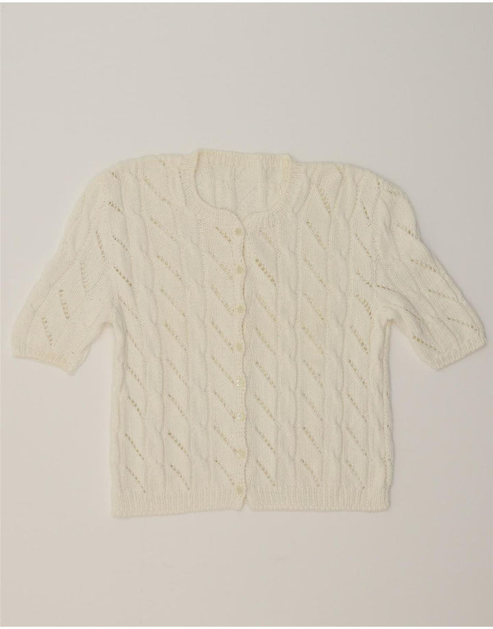 VINTAGE Womens Short Sleeve Cardigan Sweater UK 12 Medium White Vintage Vintage and Second-Hand Vintage from Messina Hembry 