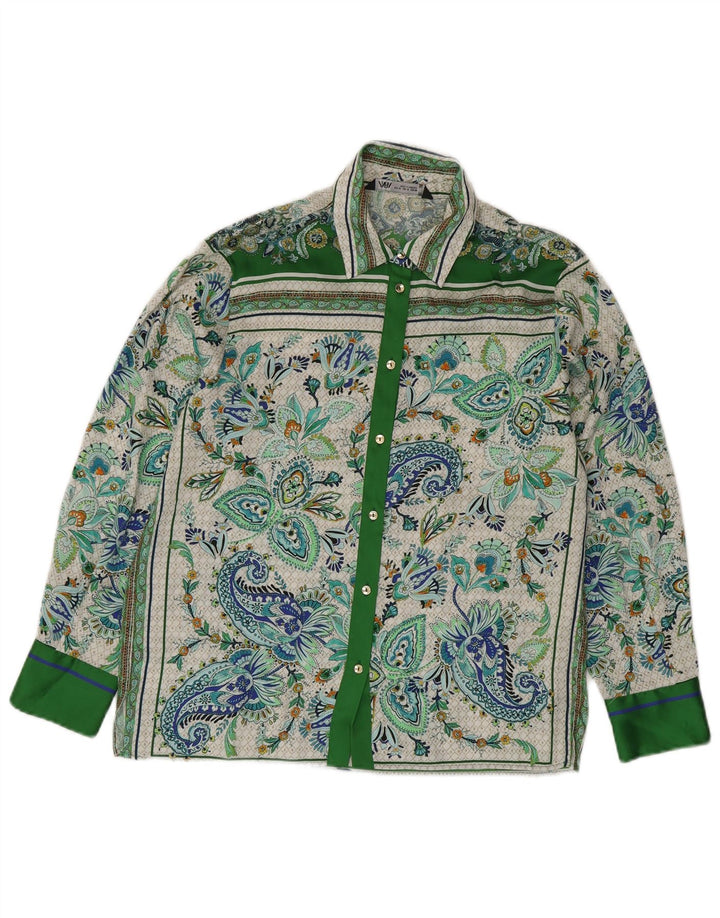 ZARA Femme Chemise Chemisier UK 14 Moyen Vert Paisley Polyester
