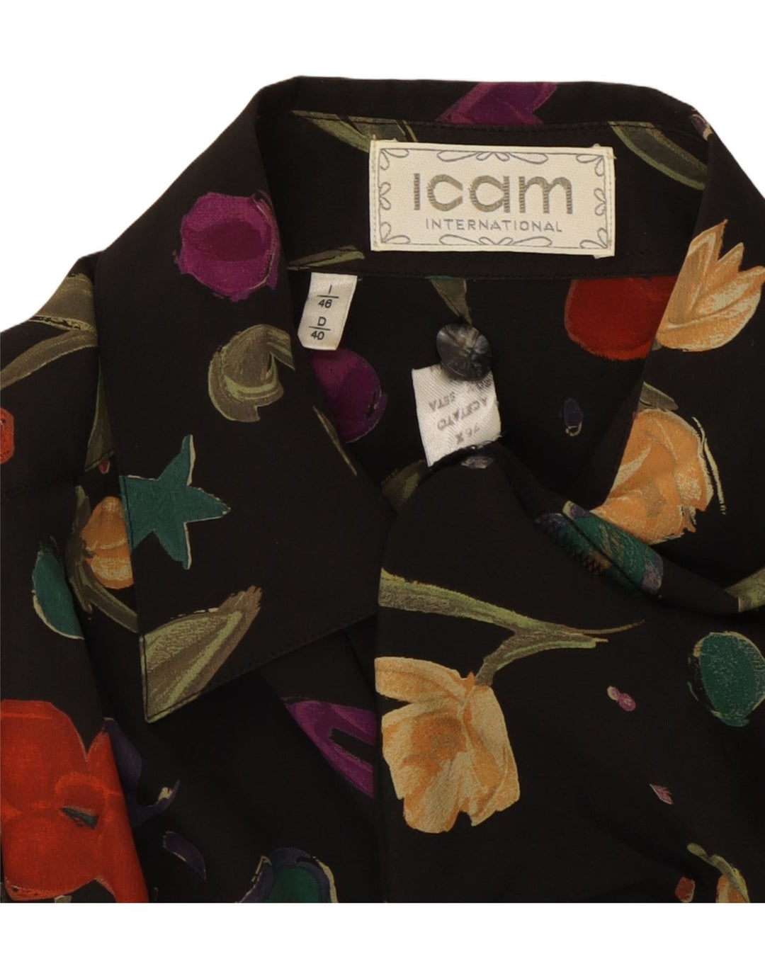 ICAM Chemisier Femme IT 46 Large Noir Floral Acétate