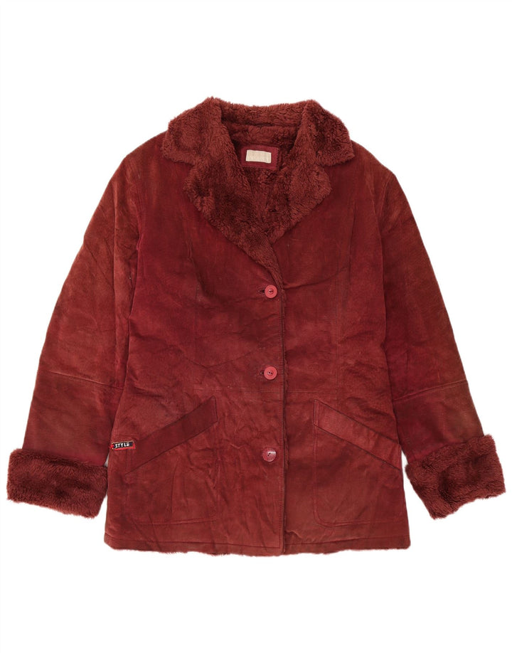 VINTAGE Veste en daim Sherpa femme UK 14 Cuir bordeaux moyen