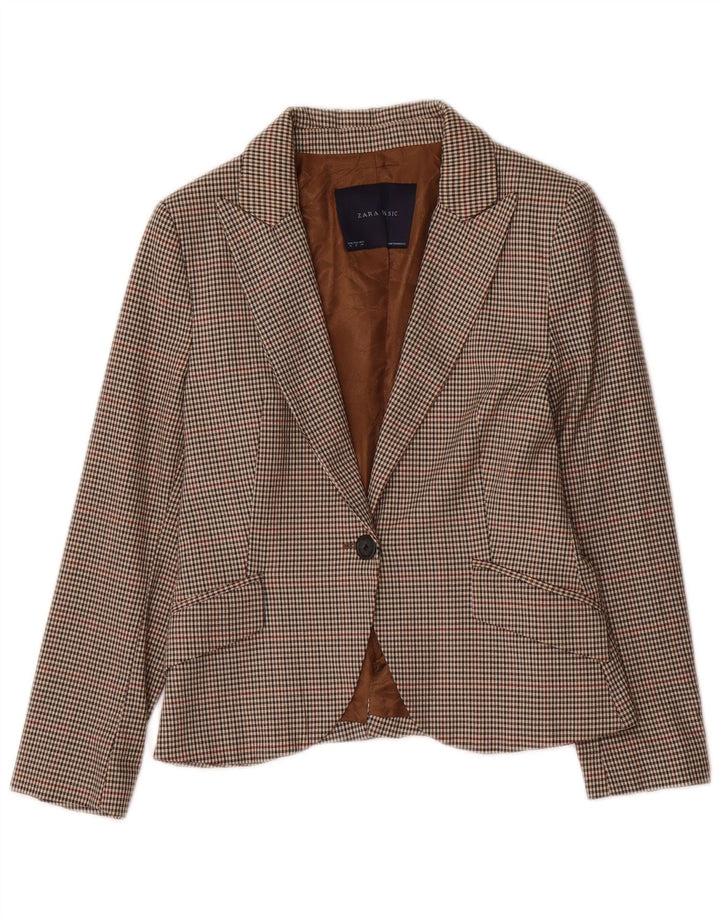 ZARA Womens Crop 1 Button Blazer Jacket UK 12 Medium Brown Houndstooth