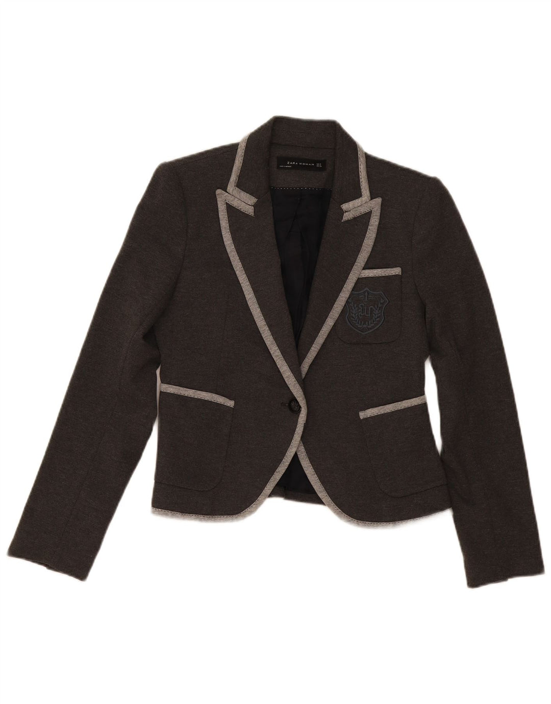 Zara Womens Crop 1 Button Blazer Jacket UK 10 Petit Gris Polyester
