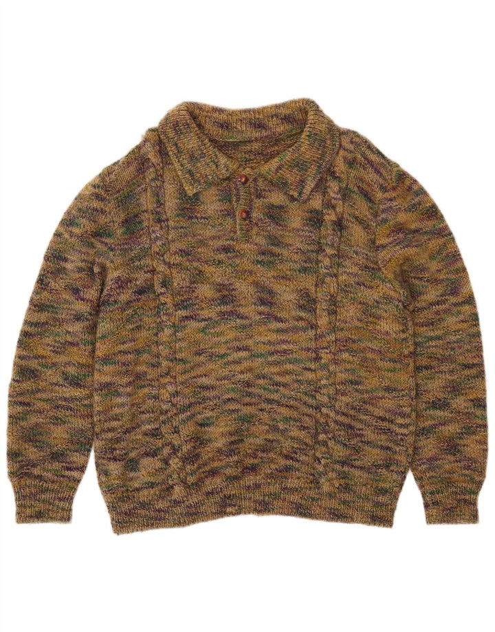 vintage Mens Polo Neck Jumper Pull Vert Moyen Moucheté
