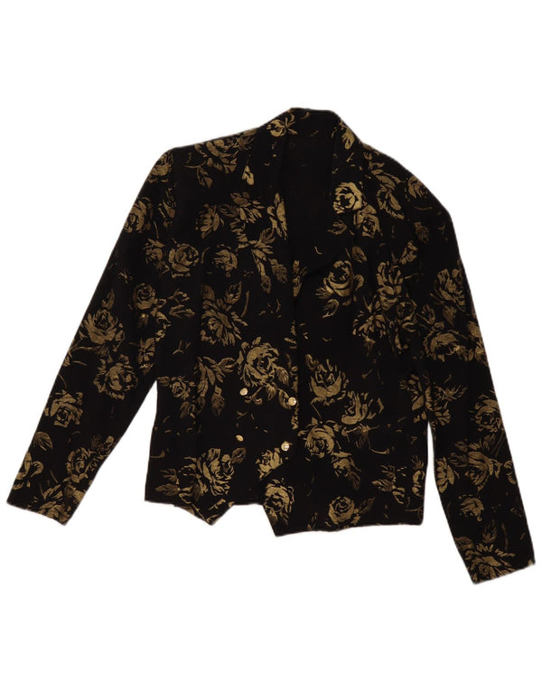 VINTAGE Femme Double Breasted Blazer Veste EU 36 Petit Noir Floral