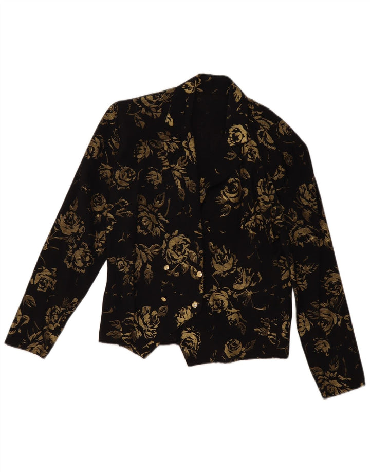 VINTAGE Femme Double Breasted Blazer Veste EU 36 Petit Noir Floral