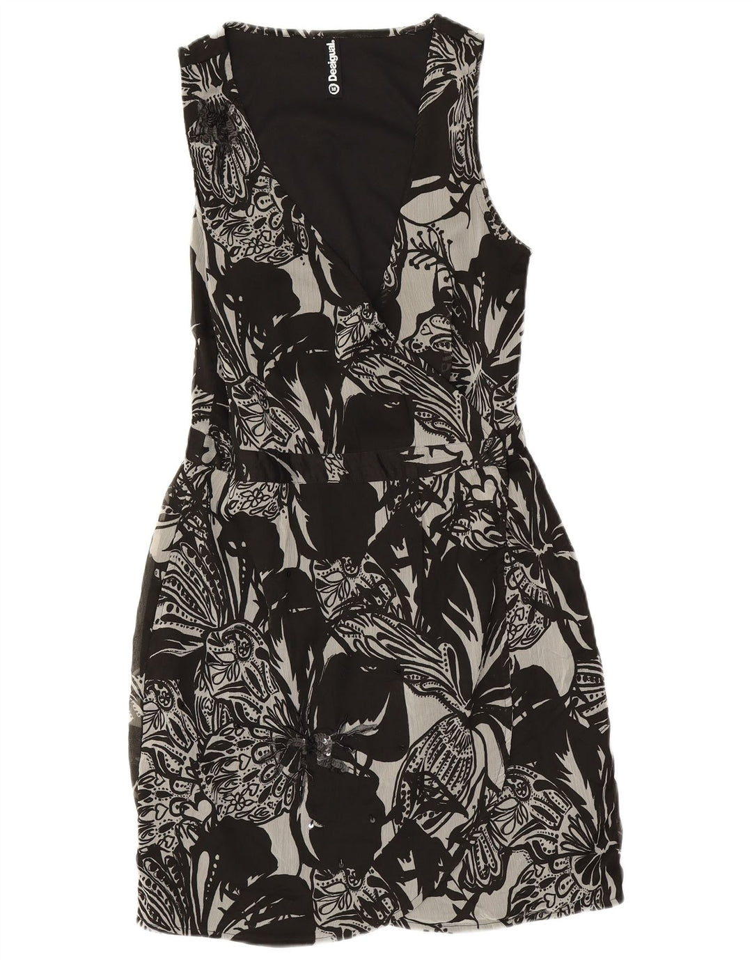 DESIGUAL Robe portefeuille sans manches pour femme EU 38 Polyester floral noir moyen