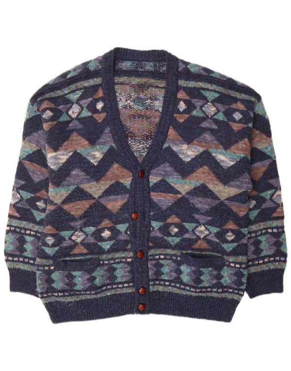 vintage Mens Cardigan Sweater IT 54 XL Bleu Marine Géométrique Laine