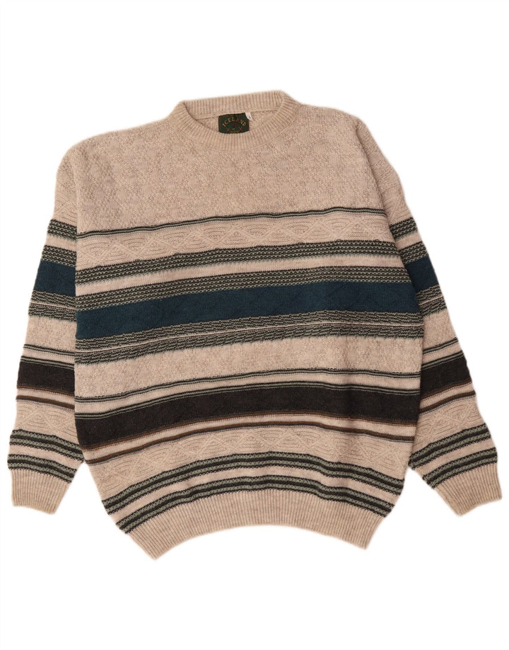 Islande Pull à col rond pour homme en laine rayée beige