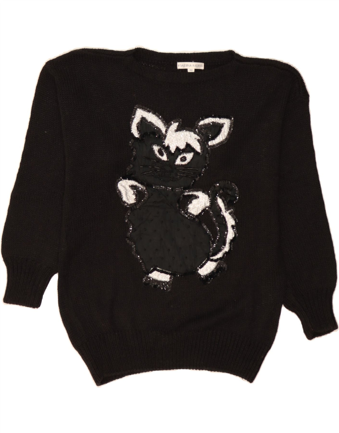 MALINA WONG Womens Graphic Crew Neck Jumper Sweater EU 40 Medium Black Vintage Malina Wong and Second-Hand Malina Wong from Messina Hembry 