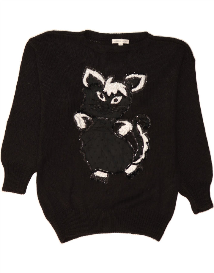 MALINA WONG Womens Graphic Crew Neck Jumper Sweater EU 40 Medium Black Vintage Malina Wong and Second-Hand Malina Wong from Messina Hembry 