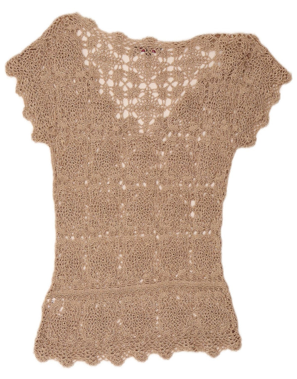 vintage Femmes Crochet Blouse Top UK 12 Viscose Florale Beige Moyen