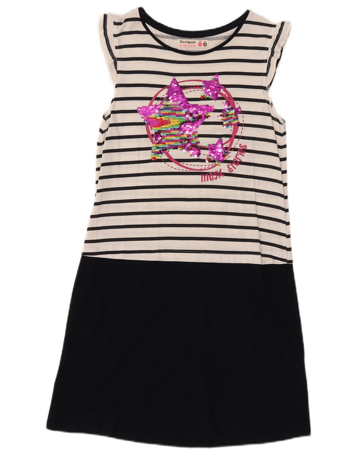 Desigual Robe Basique Graphique Fille 13-14 ans Blanc Rayé Coton