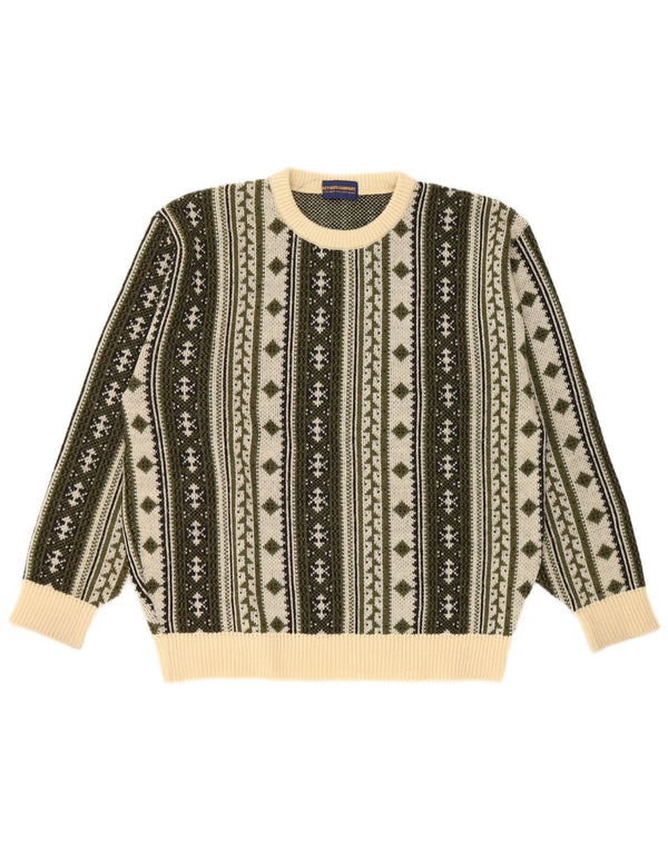vintage Mens Crew Neck Jumper Pull Grand Vert Fair Isle