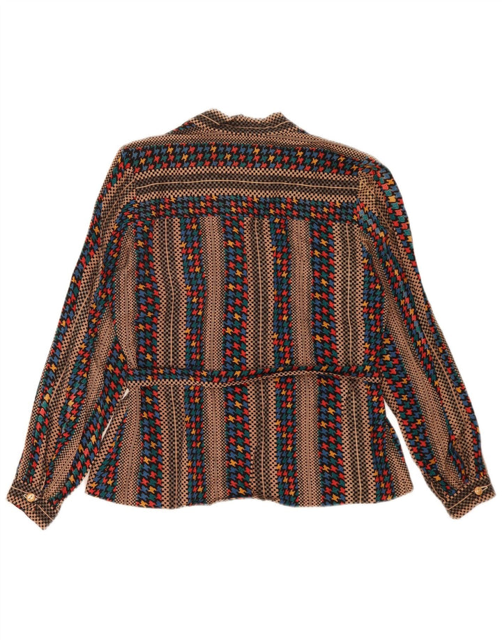 vintage Femme Manches Longues Blouse Top UK 14 Moyen Brun Rayé
