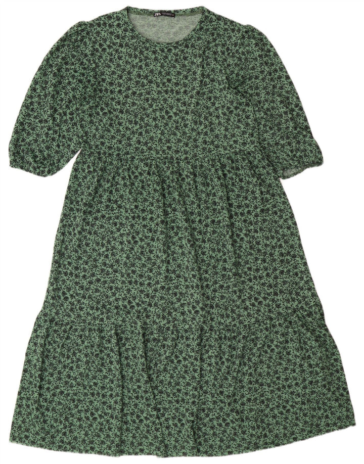ZARA Robe trapèze pour femme UK 44 Polyester floral vert moyen