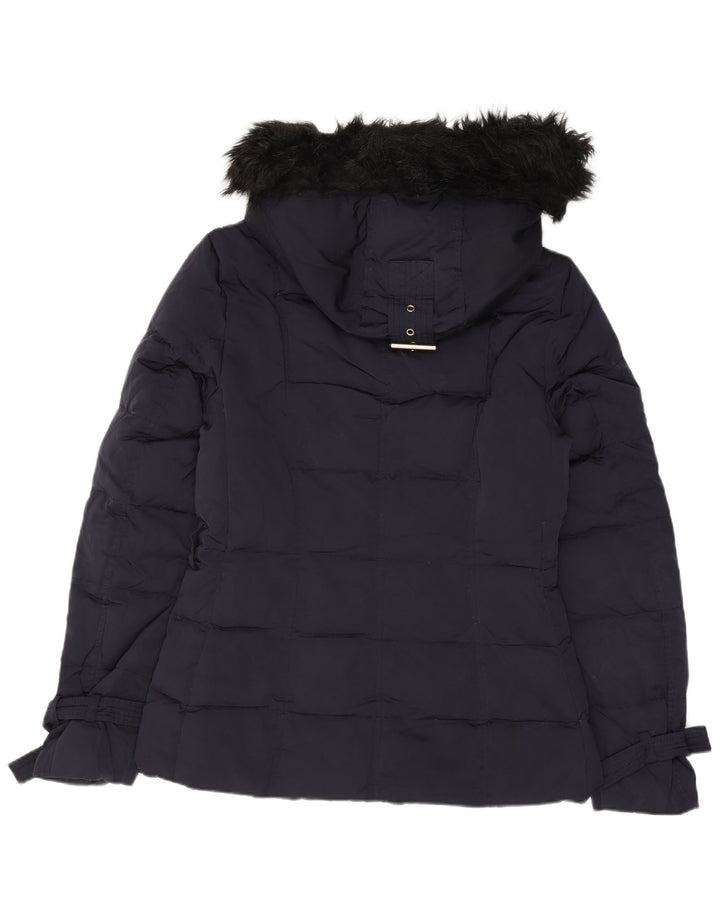 ZARA Veste matelassée à capuche pour femme UK 10 Petit nylon bleu marine