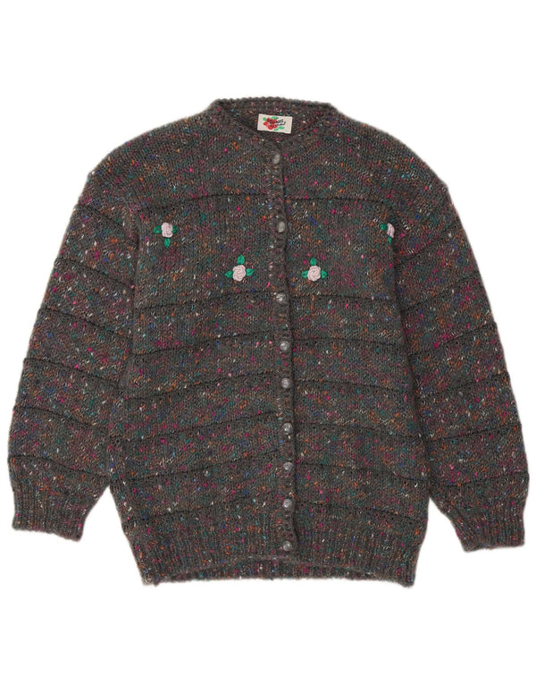 vintage Womens Cardigan Sweater UK 16 Grande laine mouchetée grise