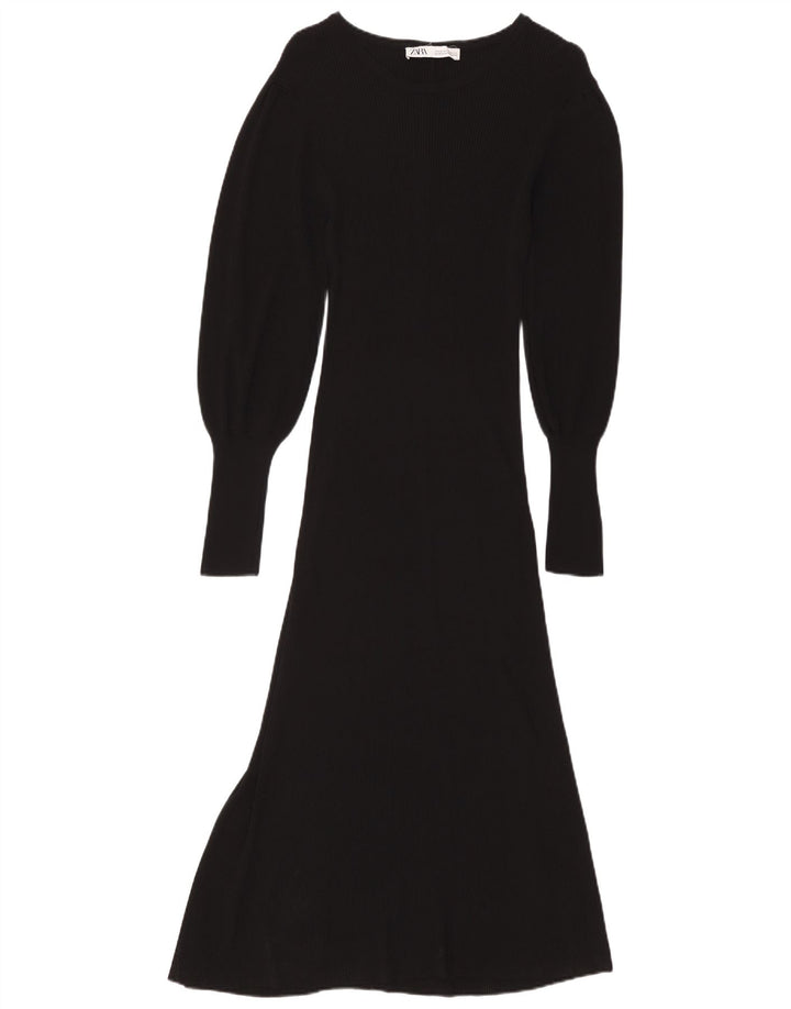 ZARA Femme Robe Maxi à Manches Longues UK 12 Moyen Noir Viscose