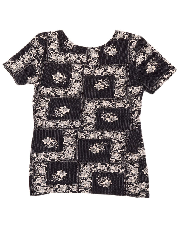 vintage Womens Blouse Top UK 10 Petit coton floral noir