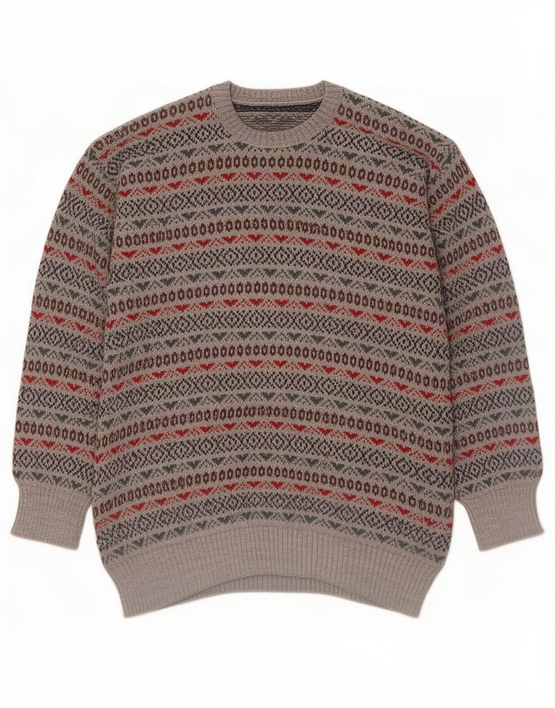 vintage Mens Crew Neck Jumper Pull Petit Gris Fair Isle