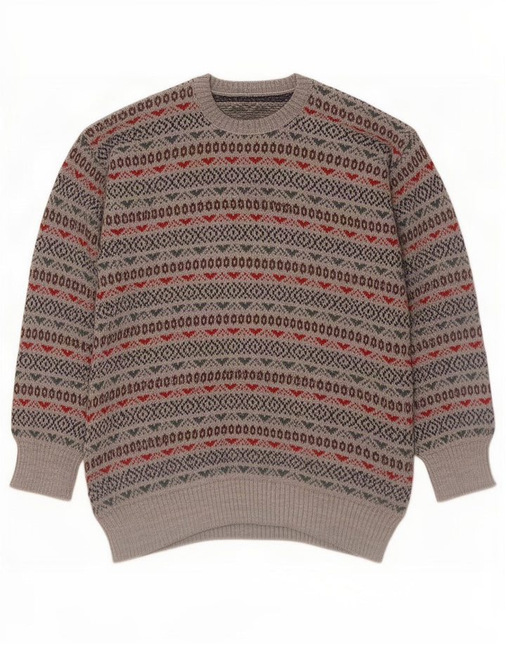 vintage Mens Crew Neck Jumper Pull Petit Gris Fair Isle