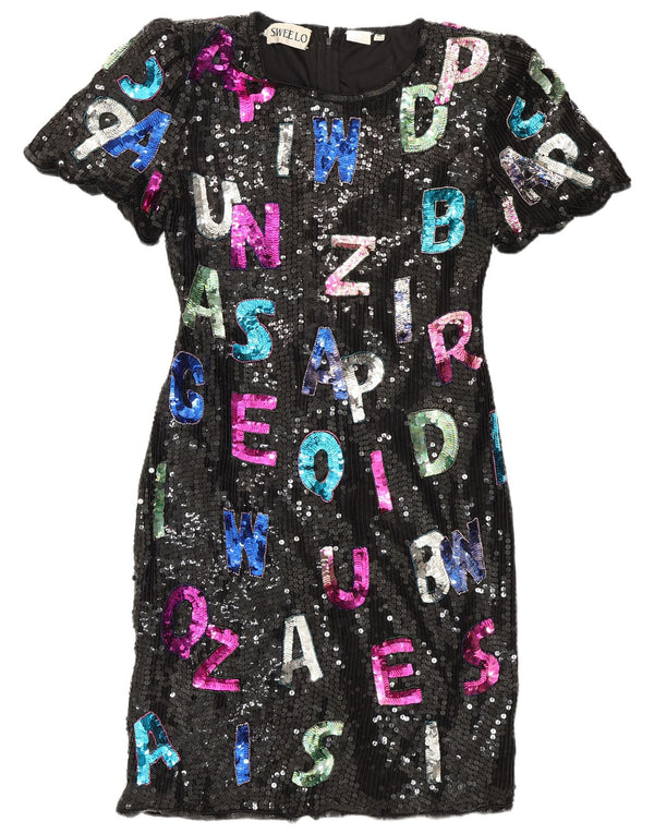 SWEELO Robe fourreau graphique pour femme UK 18 XL Soie noire