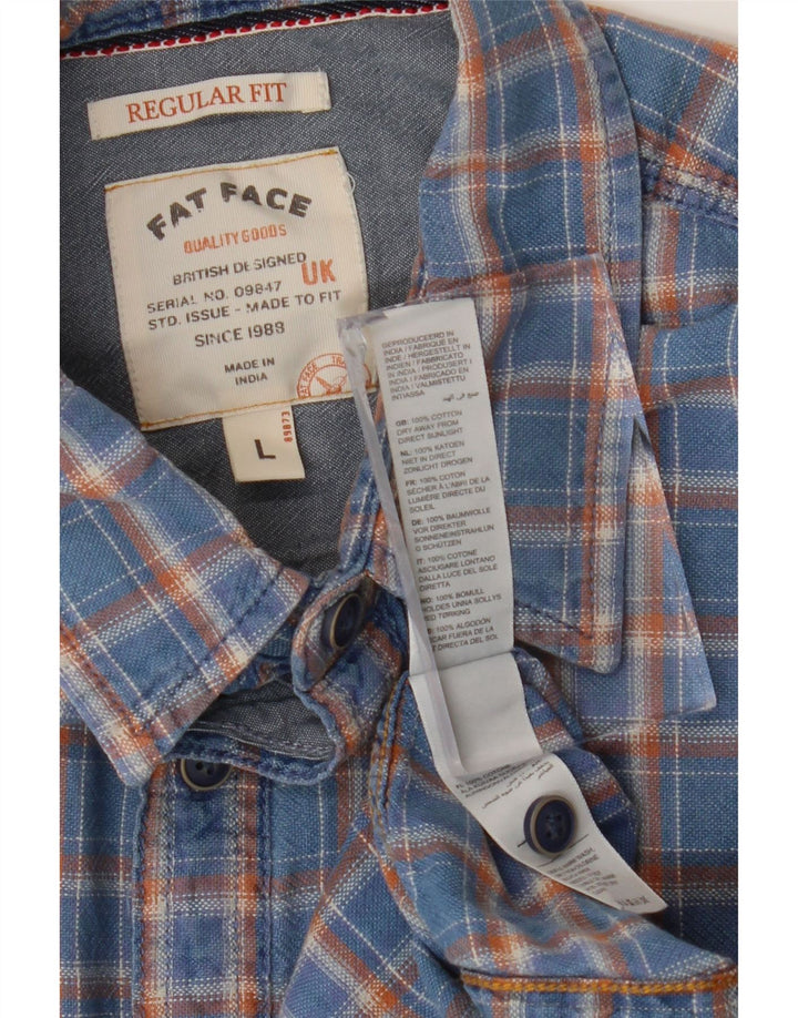Fat Face Chemise à manches courtes pour homme Coupe classique en coton à carreaux bleus