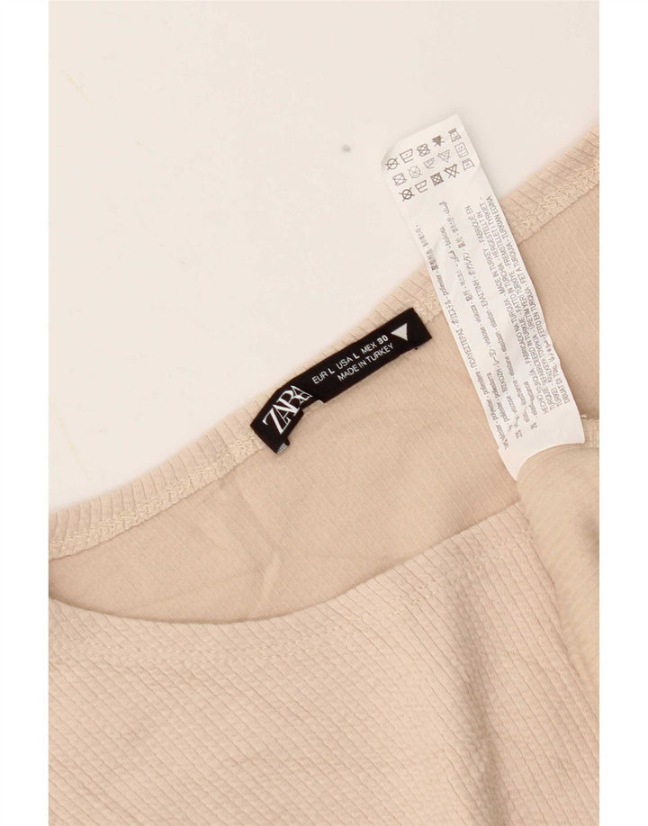 Zara Femme Crop Top Manches Longues UK 14 Large Beige Polyester