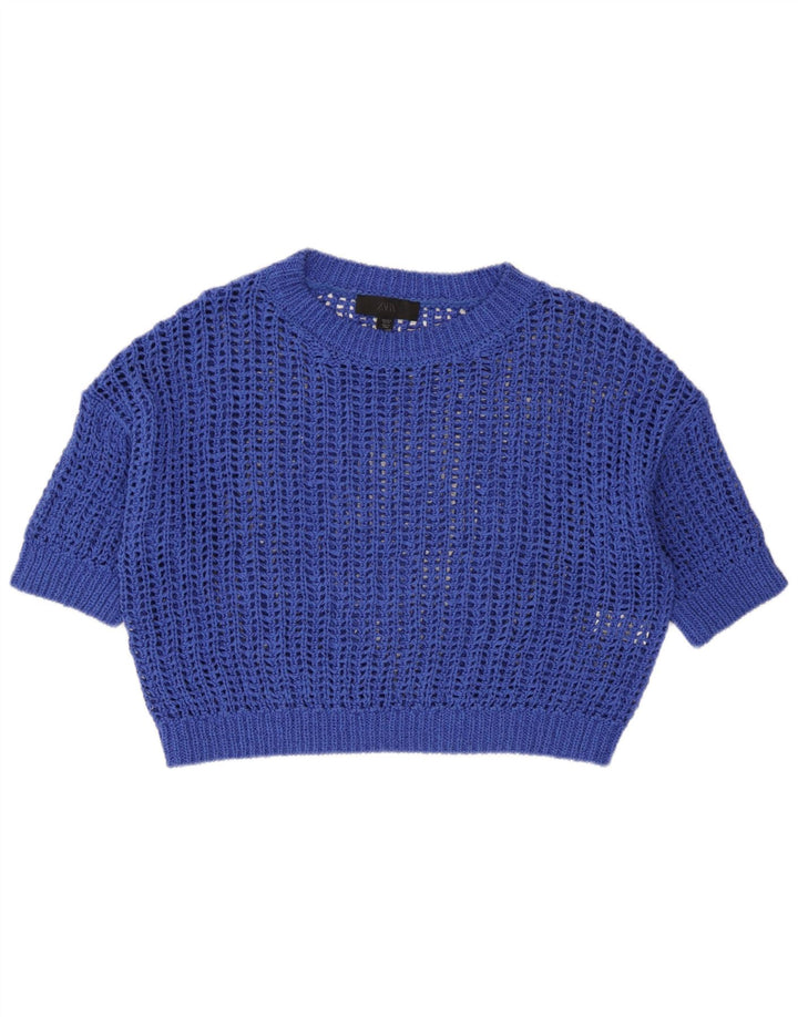 Zara Womens Oversize See Through Knit Crop Top UK 10 Petit Bleu Coton