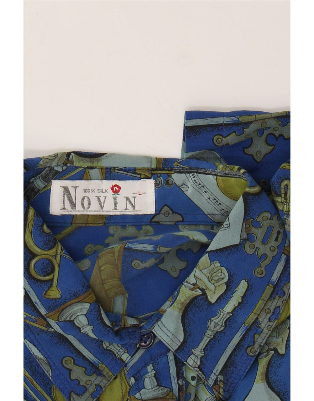 VINTAGE Chemise à manches courtes pour hommes à motif abstrait grande soie bleue