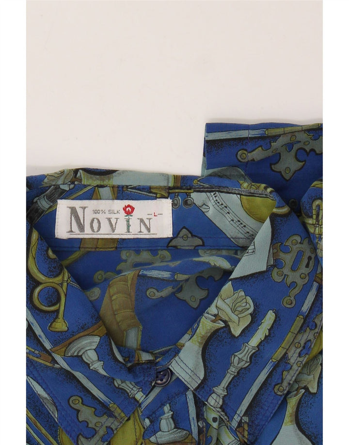 VINTAGE Chemise à manches courtes pour hommes à motif abstrait grande soie bleue