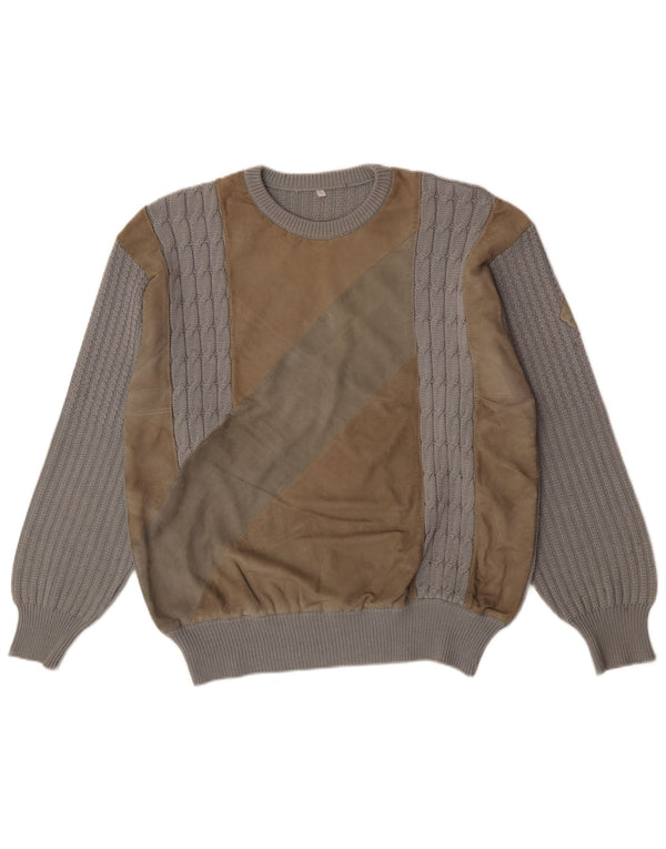 vintage Mens Crew Neck Jumper Pull Grande Laine Colorblock Grise