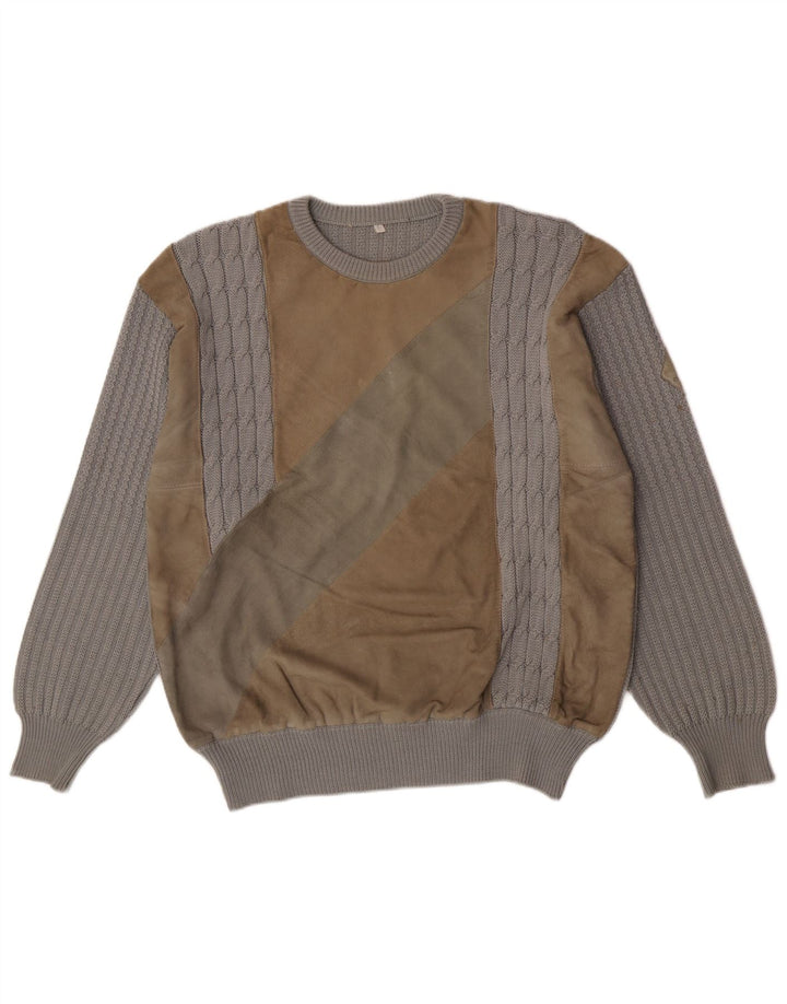 vintage Mens Crew Neck Jumper Pull Grande Laine Colorblock Grise