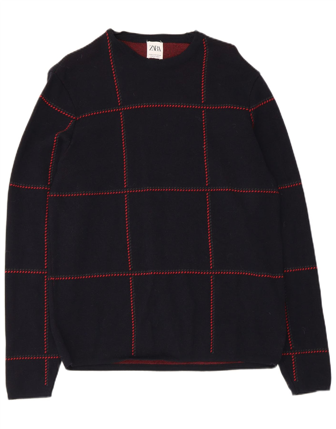 Zara Pull à col rond pour homme en coton à carreaux bleu marine moyen
