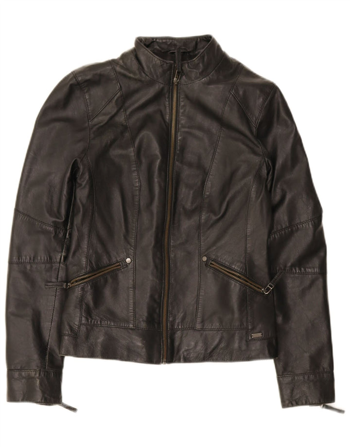 S.Oliver Veste de motard en cuir pour femme UK 10 Petit cuir d'agneau noir