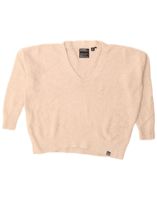 SUPERDRY Pull surdimensionné à col en V pour femme UK 10 Petit Acrylique Beige