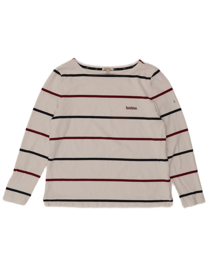 BARBOUR Haut Femme Manches Longues UK 16 Grand Coton Rayé Blanc