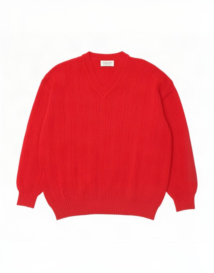 Benetton Pull Col V Homme Large Rouge Laine d'Agneau