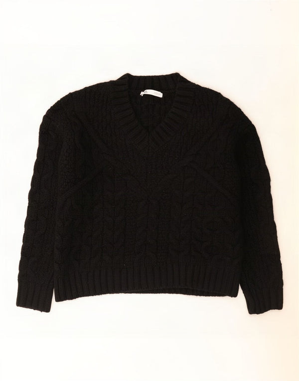 Zara Pull surdimensionné à col en V pour femme UK 10 Petit Acrylique Noir