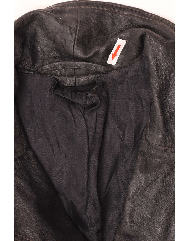 vintage Femme 3 Boutons Veste Blazer En Cuir UK 12 Moyen Noir