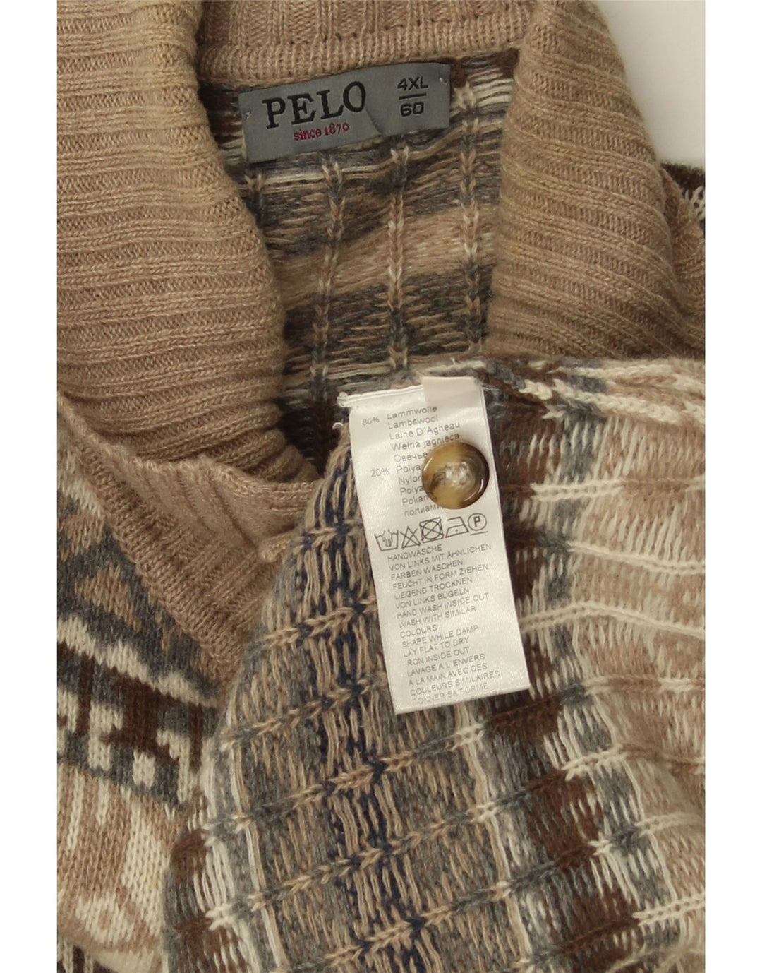 vintage Mens Button Neck Jumper Pull 4XL Beige Fair Isle Lambswool