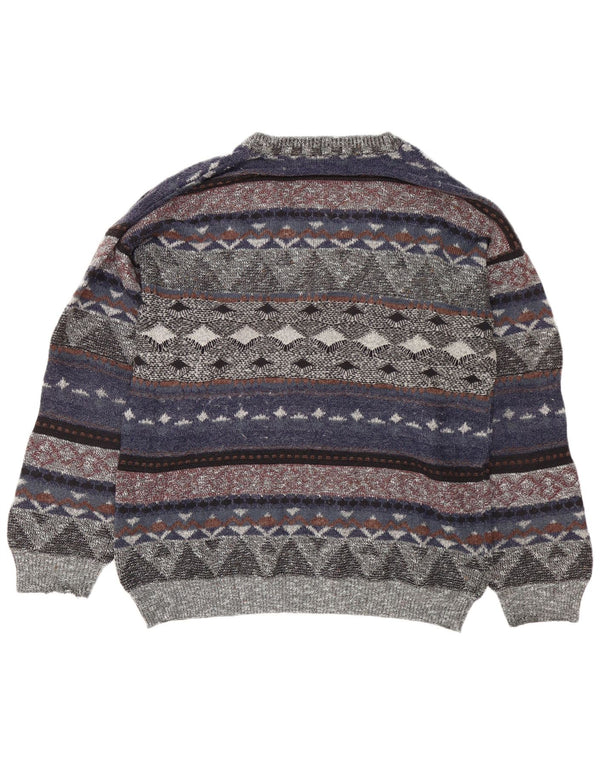 vintage Mens V-Col Jumper Pull Grand Multicolore Fair Isle