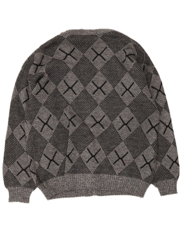 vintage Mens Cardigan Sweater Grand Gris Argyle/Diamant Acrylique