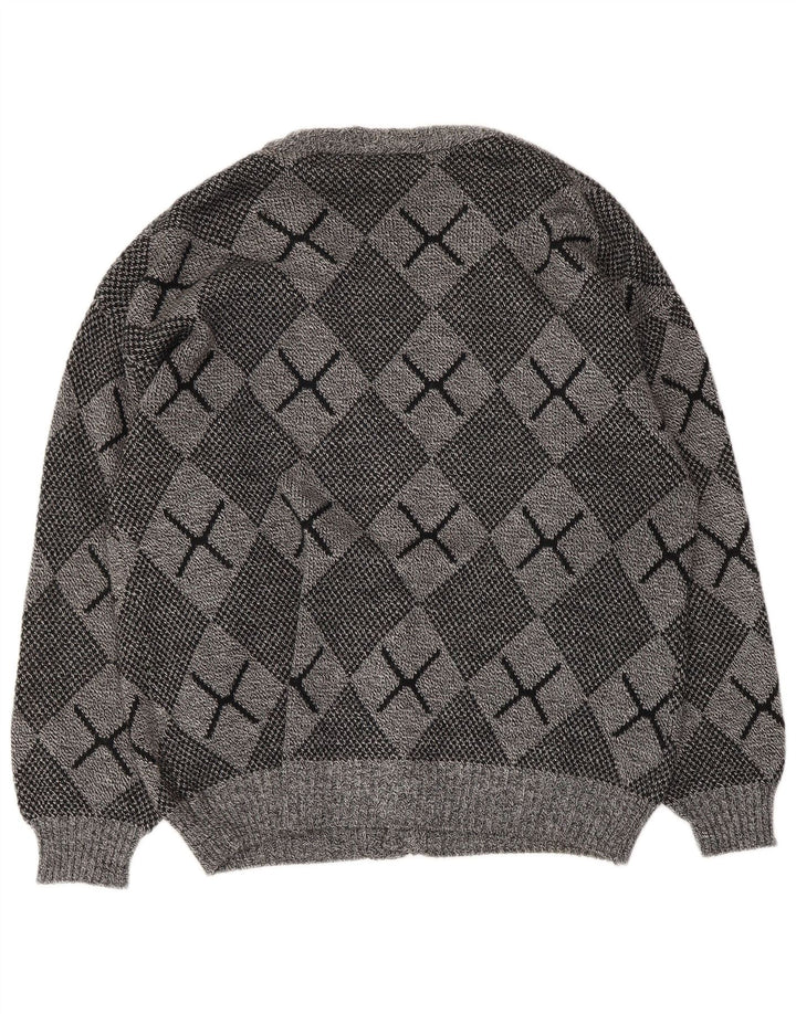 vintage Mens Cardigan Sweater Grand Gris Argyle/Diamant Acrylique