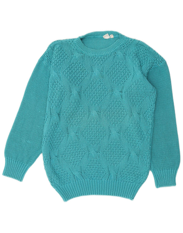 vintage Femme Crew Neck Jumper Pull EU 36/38 Coton Bleu Moyen