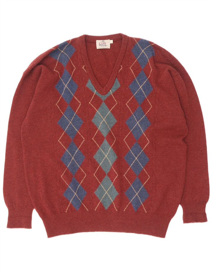 Clan Royal Pull col V pour Homme en Laine d'agneau Rouge Argyle/Diamant