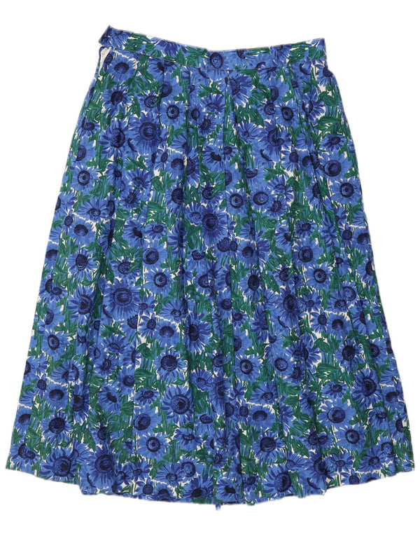 vintage Femmes Taille Haute Jupe Plissée EU 44 XL W30 Bleu Floral Coton