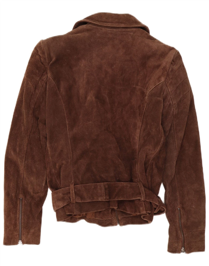 Zara Veste de motard en daim pour femme UK 14 Grand cuir marron