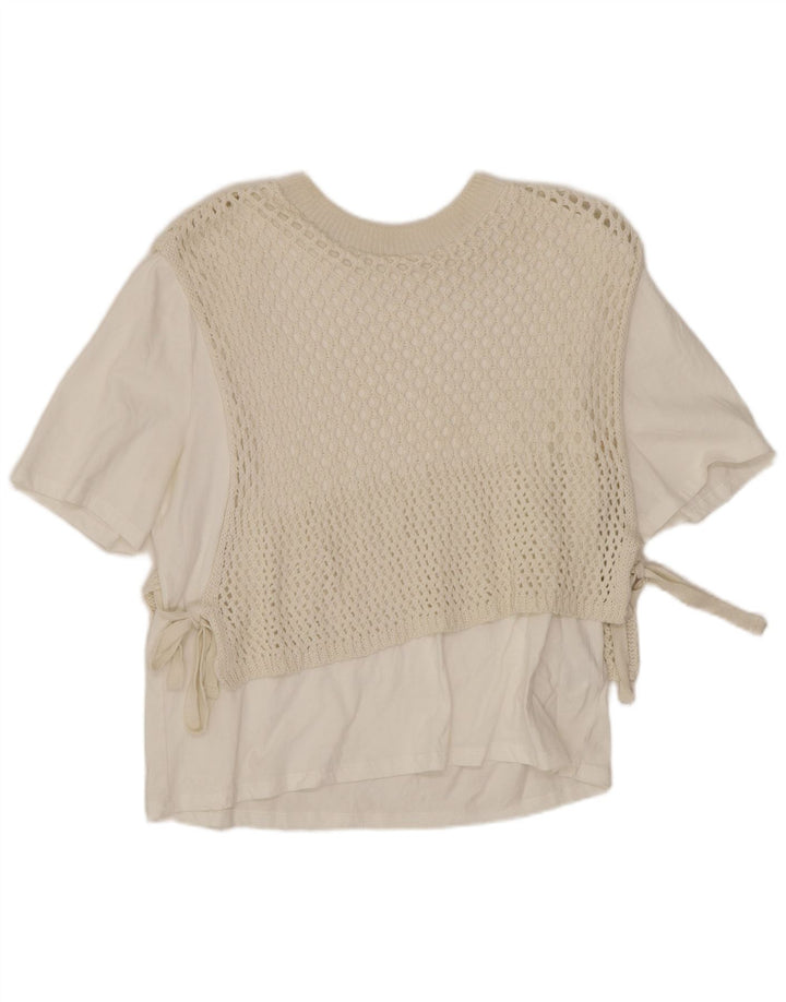 Zara Womens Crop Crochet Blouse Top UK 14 Moyen Blanc Cassé Coton
